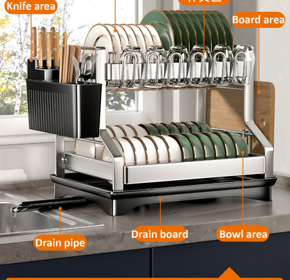 Stainless Steel Two-Tier Dish Drying Rack with Drainboard, Cup Holders, Utensil Caddy and Lid Rack