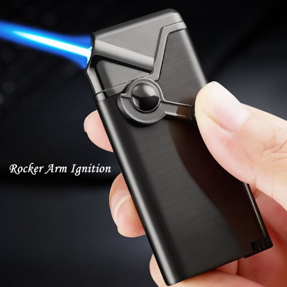 Rocker-Arm Torch Lighter with Straight Flame Outlet and Brushed Silver-Tone Metal Body Design