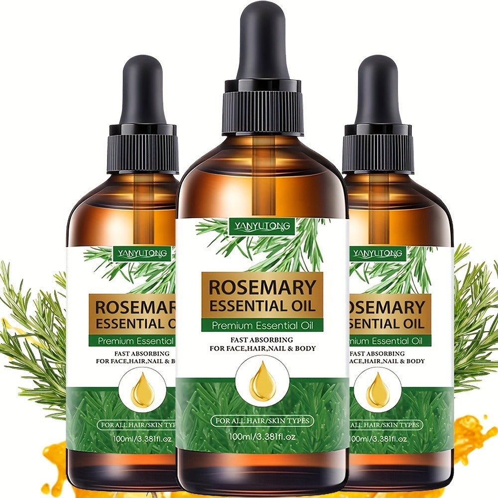 Rosemary Essential Oil Set with Three 100mL Amber Dropper Bottles for Home Fragrance and DIY Scent Projects