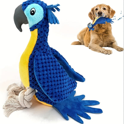 Blue Plush Parrot Dog Toy with Rope Legs and Tail, Built-In Squeaker and 14.7-Inch Pictured Height