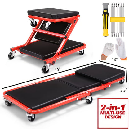 Mechanic Creeper 36-Inch Z-Crawl Folding – Adjustable Load Board, 6-Wheel 2.5" Rolling Garage Repair Seat, Universal Fit with Optional Tool Kit Bundles