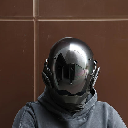 Black Reflective Cyberpunk Costume Mask with Full-Face Visor, Mechanical Side Details and Adjustable Rear Straps