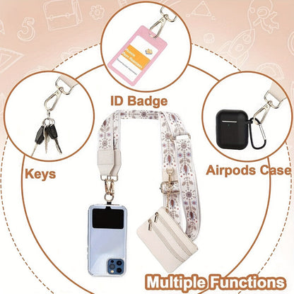 Phone Lanyard Crossbody Strap with Zipper Pouch, Beaded Charm and Five Exact Printed or Solid Styles