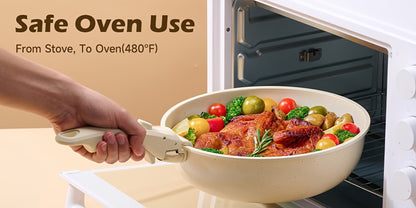 Detachable Handle Cookware Set 16 & 26 Piece Non-Stick PFOA-Free – Stackable Space-Saving Pots and Pans | Oven Safe 480°F Induction Compatible | RV Camping Kitchen Cooking Set in Black & Beige