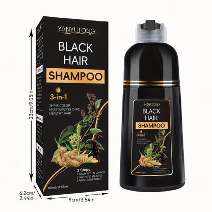 Hair Dye Shampoo, YANYUTONG 500ml Black 3-in-1 Bottle for At-Home Hair Color Application and Rinse Routine