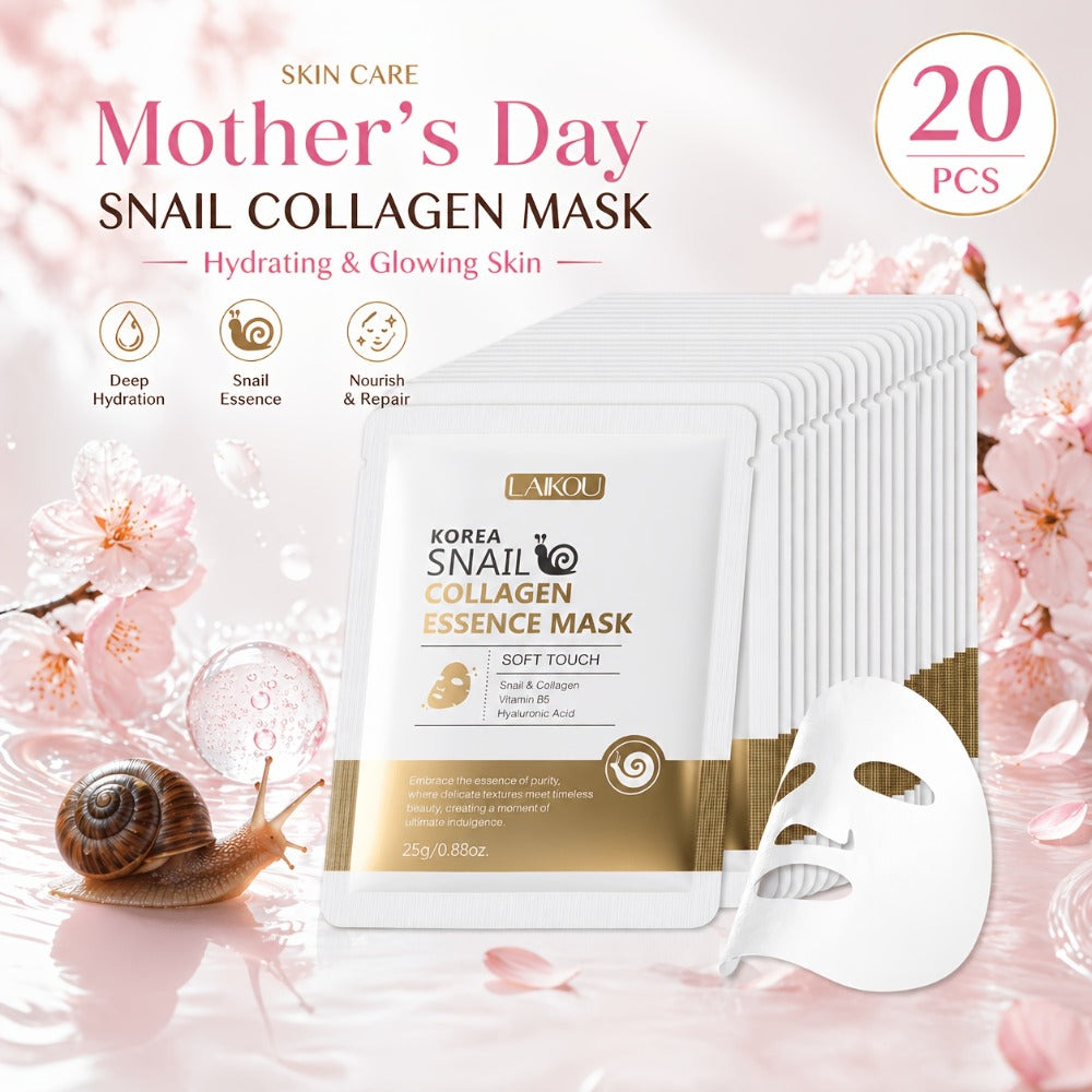 Face Mask, LAIKOU 20-Piece Snail Collagen Sheet Set with Individually Packed Facial Mask Sachets