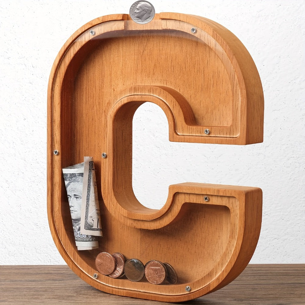 Wooden Alphabet Letter Coin Bank with Clear Front Panel and 23 Fixed Initial Options for Display
