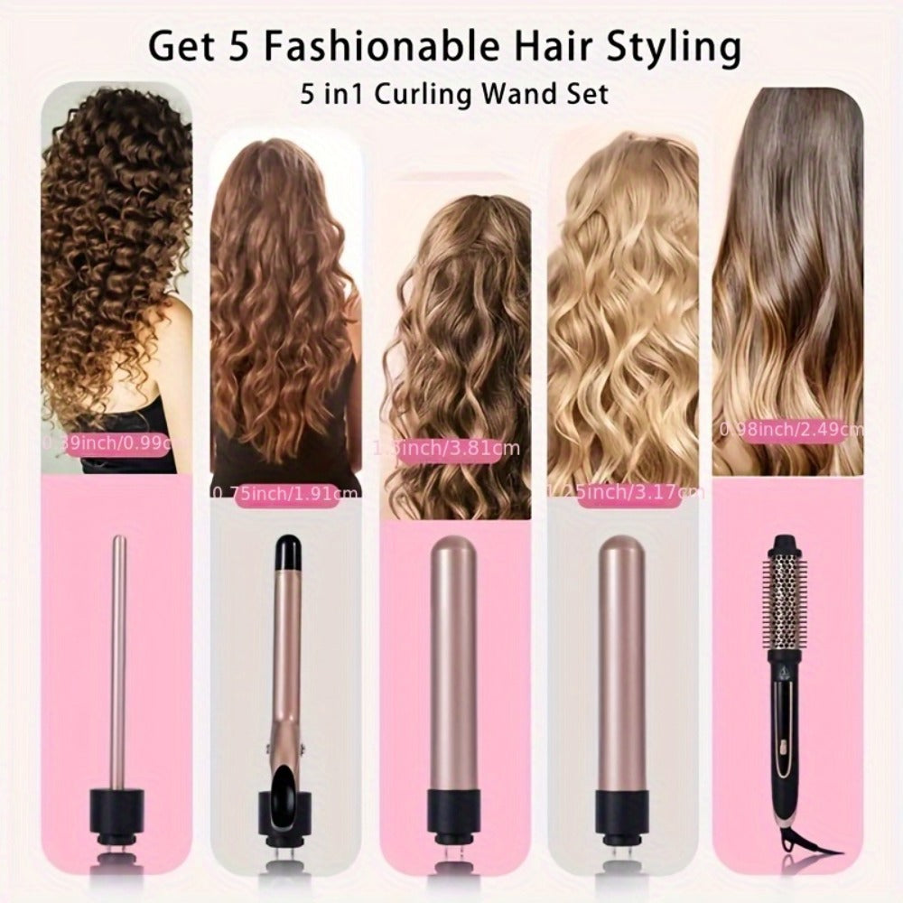 Ceramic Curling Iron Set 5-in-1 with Interchangeable Barrels & Heat Brush – Professional Hair Curler Wand Styling Kit for Long-Lasting Waves & Curls, All Hair Types Women, Includes Heat Gloves & Clips