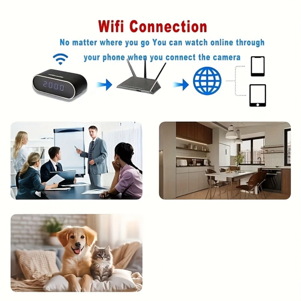 1080P WiFi Clock Camera Battery Powered, Hidden Nanny Cam with 64GB Memory Card Included, Night Vision, Motion Detection, Loop Recording, 2.4GHz Wireless, Remote Live View for Home Office Warehouse