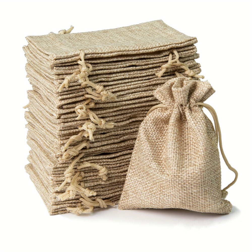 Natural Jute Drawstring Gift Bags, 50-Piece Set in 2.76 x 3.54 or 3.54 x 4.72 Inch Sizes for Favors and Small Gifts