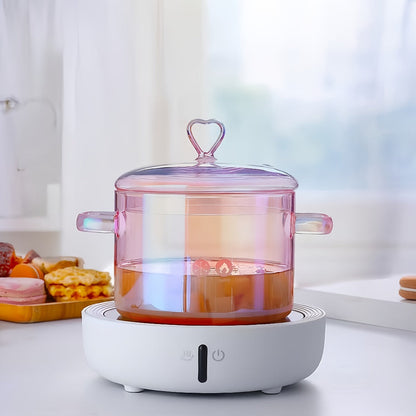 Glass Cooking Pot Cookware with 1500ml Capacity, Heart-Shaped Lid and Transparent Pink Body