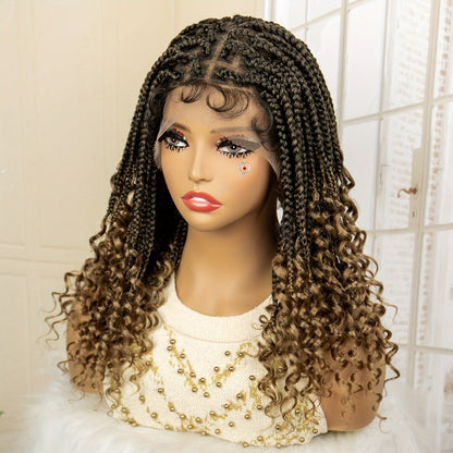 Goddess Braided Wig Knotless Bohemian Square Braid Full Lace Curly Wave 14-16 Inch Black Burgundy Brown Natural Hairline Protective Style Synthetic Wig for Women