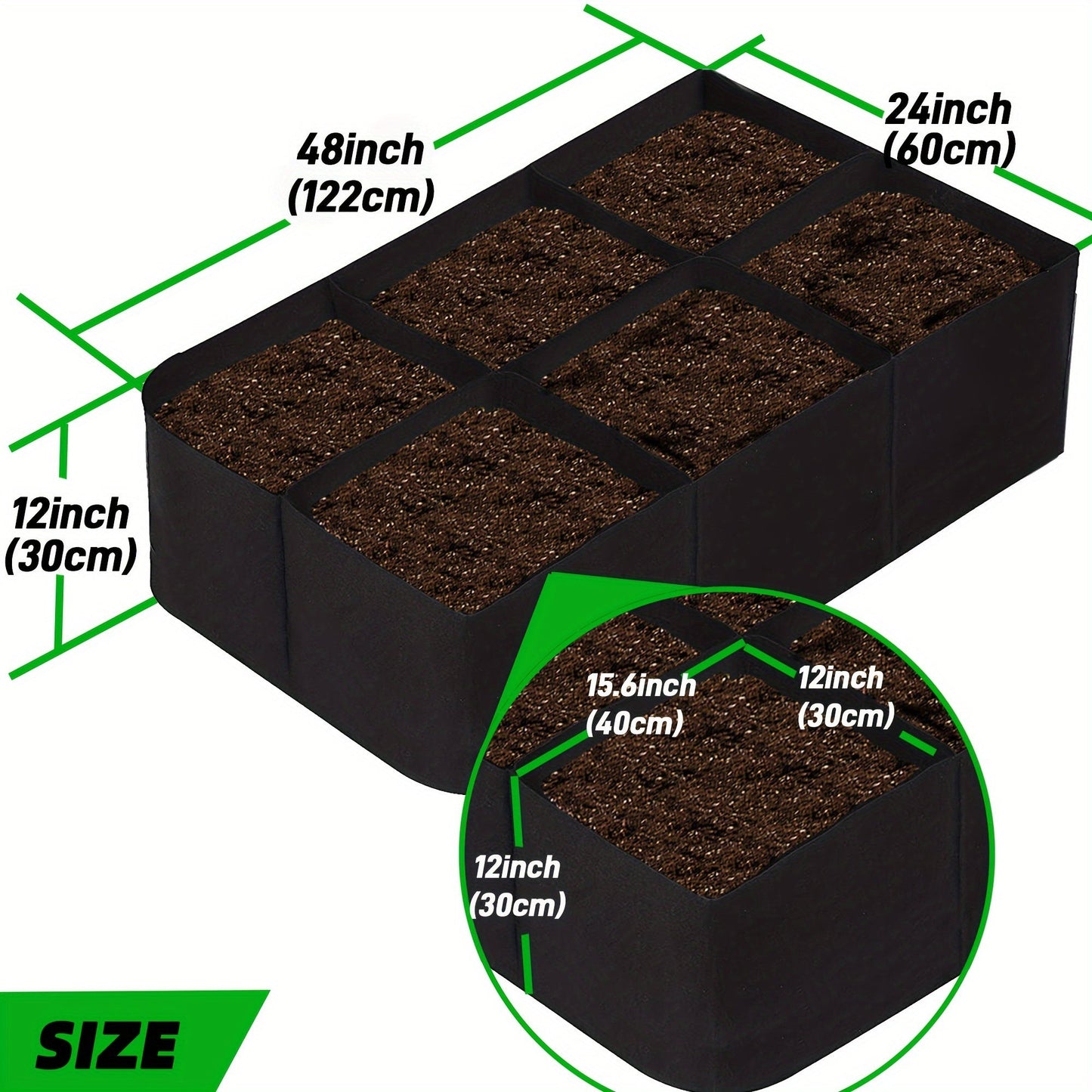 Six-Grid Rectangular Raised Garden Bed Grow Bag with Displayed 48 x 24 x 12-Inch Dimensions