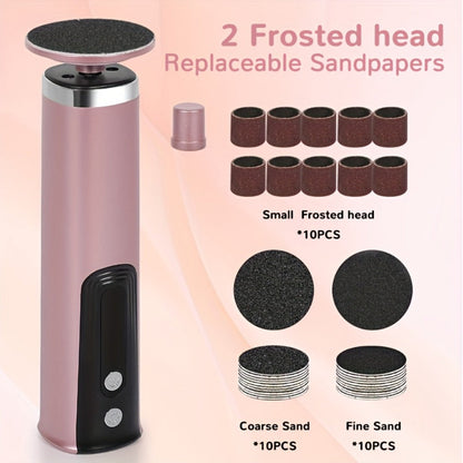 Rechargeable Electric Foot File & Callus Remover 2-in-1 with 2 Sanding Heads & 10 Replacement Sandpaper Pads Adjustable Speed USB Portable Pedicure Tool for Dry Dead Skin Cracked Heels Women Pink