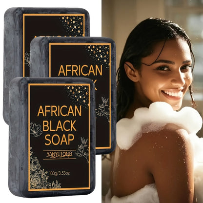 African Black Bar Soap in Three- or Six-Bar Packs with 100g Labels and Coconut, Olive and Shea Ingredients