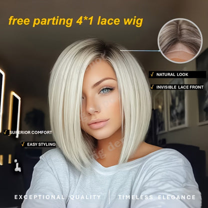 U Part Lace Front Bob Wig 4x1 Glueless Rose Net Cap Middle Part Natural Hairline Synthetic Wig for Women 14 Inch Brown Highlights Milky White Black Pink