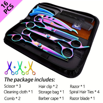 Professional Hair Scissors Set 16pcs 6.0 Inch – Thinning Shears Bangs Flat Cut Blending Salon Shears Diagonal Tail Design Hair Cutting Kit for Men Women Home Barber Gift