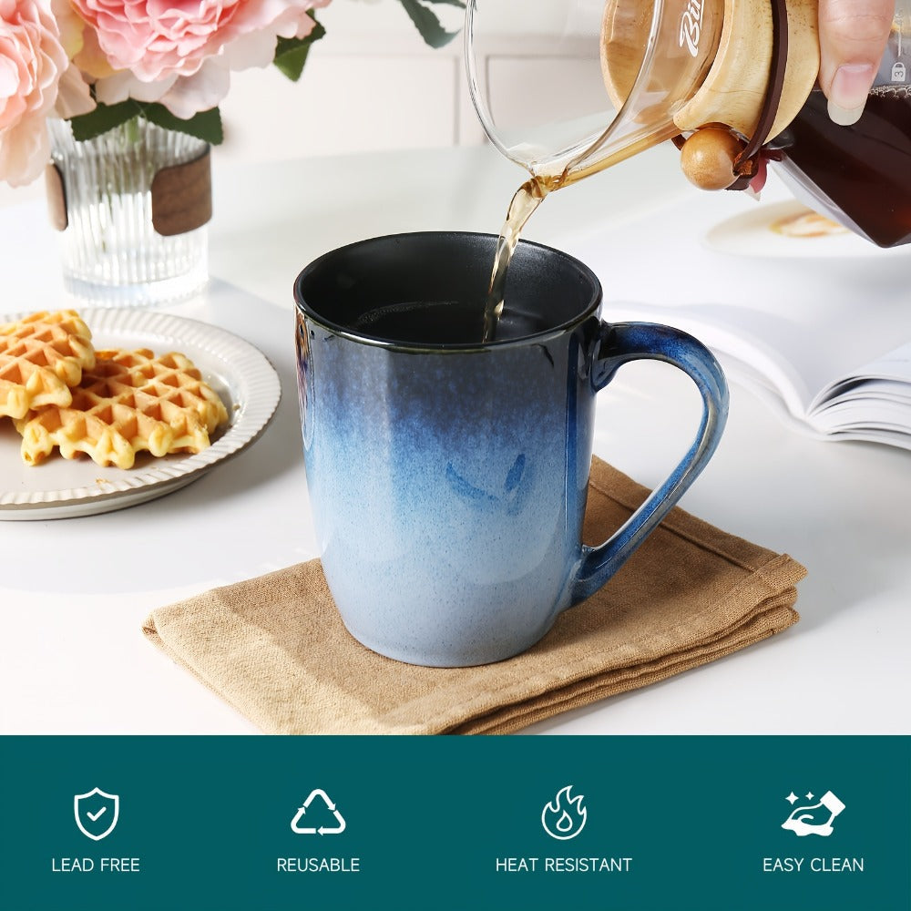 Six-Piece Blue Gradient Coffee Mug Set with Straight Handles and 14-Ounce Capacity Label Pictured