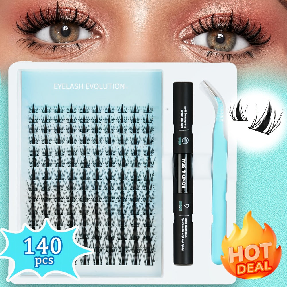 C-Curl Spike Lash Extension Kit with 140 Clusters in Mixed 8-18mm Lengths, Adhesive Tube and Curved Applicator