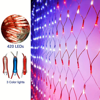 String Lights, 420-LED American Flag Net Display with Red, White and Blue Lights, 120V Plug and 6.6 by 3.3-Foot Size