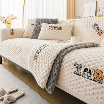 Sofa Cover, Honeycomb Velvet Animal-Embroidered Couch Pad with Non-Slip Backing in Three Colors