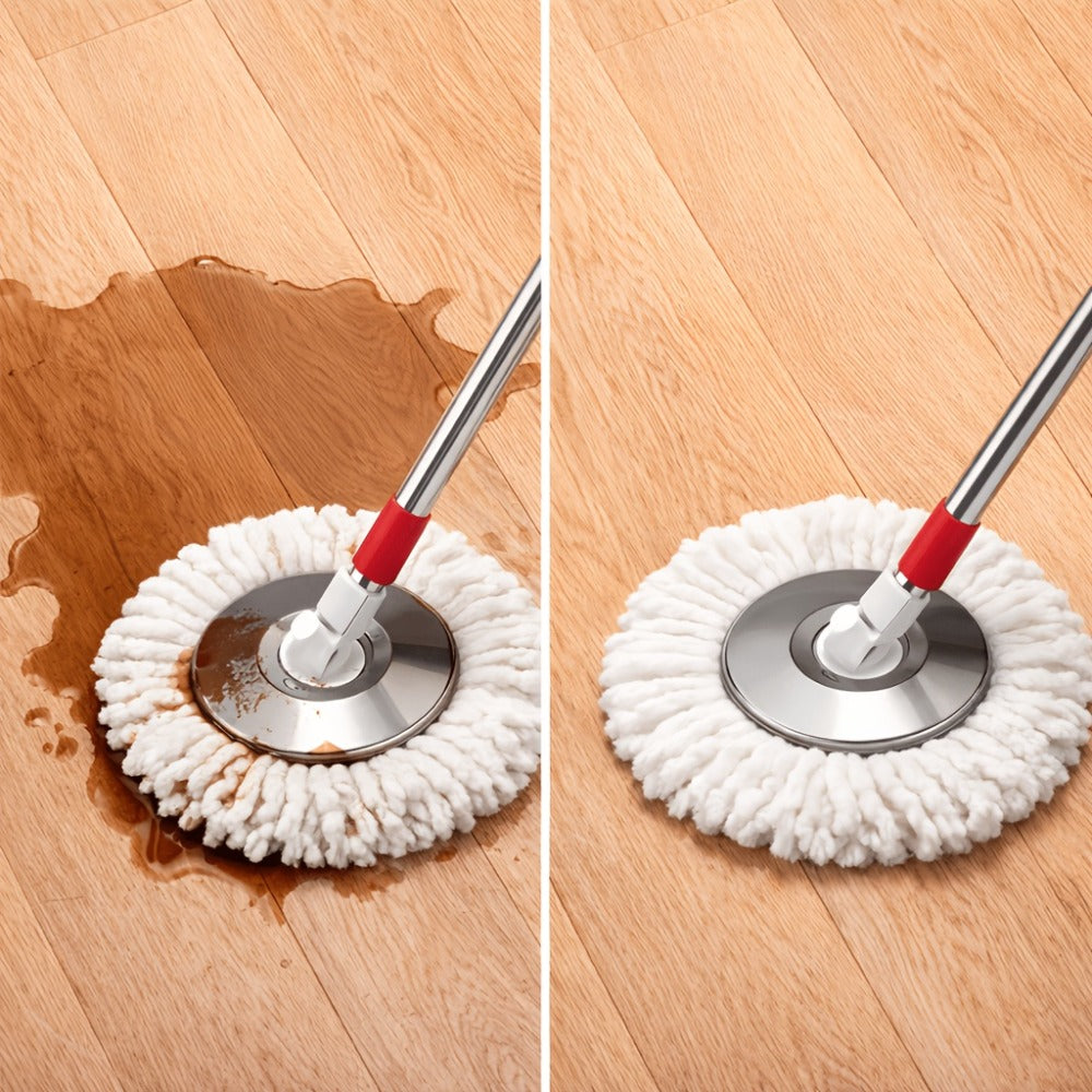 Spin Mop and Dual-Compartment Wringer Bucket Set with Telescoping Handle and Four Mop Heads