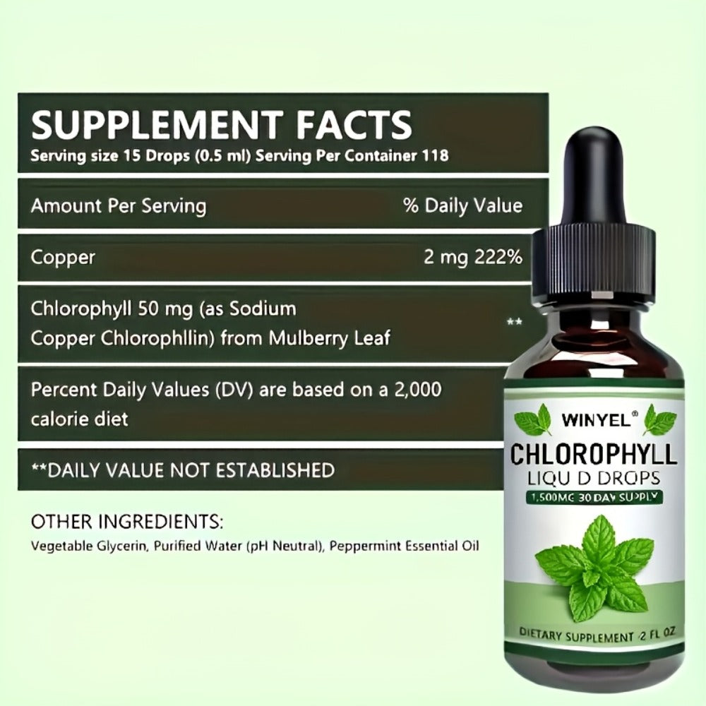 Herbal Supplements with WINYEL Label, Liquid Chlorophyll Drops in One Amber Dropper Bottle