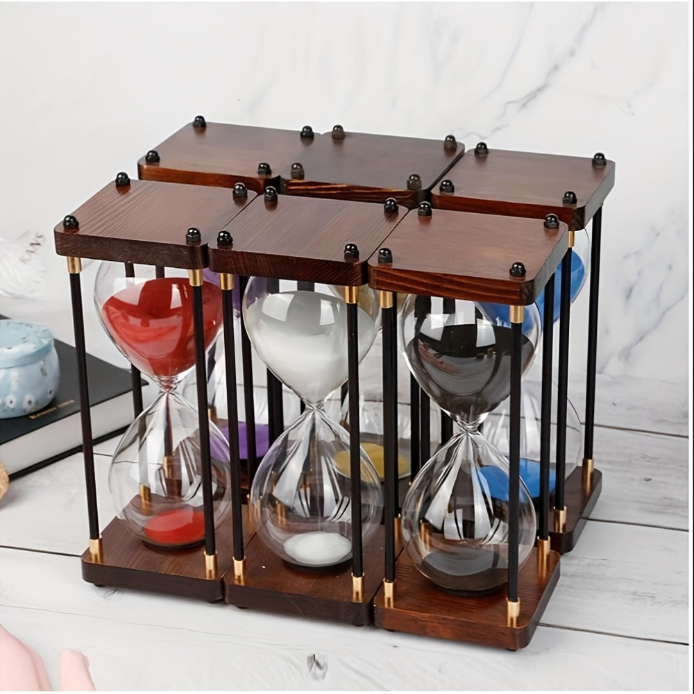 Sixty-Minute Decorative Glass Sand Timer with Wooden-Style Frame in Six Exact Color Configurations