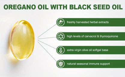 Dietary Supplement Oregano Oil and Black Seed Oil Softgels with Carvacrol and Thymoquinone, 150 Count