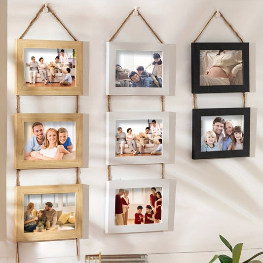 Picture Frame Set 4pcs Wooden Glass 4x6 with Flip-Top Display – Collage Photo Frames for Wall & Desktop, Interchangeable Mat, Home Decor Room Aesthetic – Wedding, Housewarming & Holiday Gift (White/Brown)