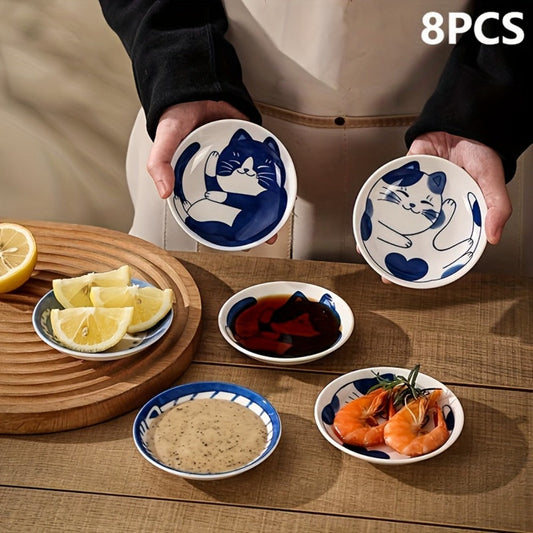 Ceramic Dipping Bowls Set of 8 Cat Shaped Mini Soy Sauce Dishes 4 Inch Small Condiment Bowls for Home Cooking, Dining and Outdoor Meals