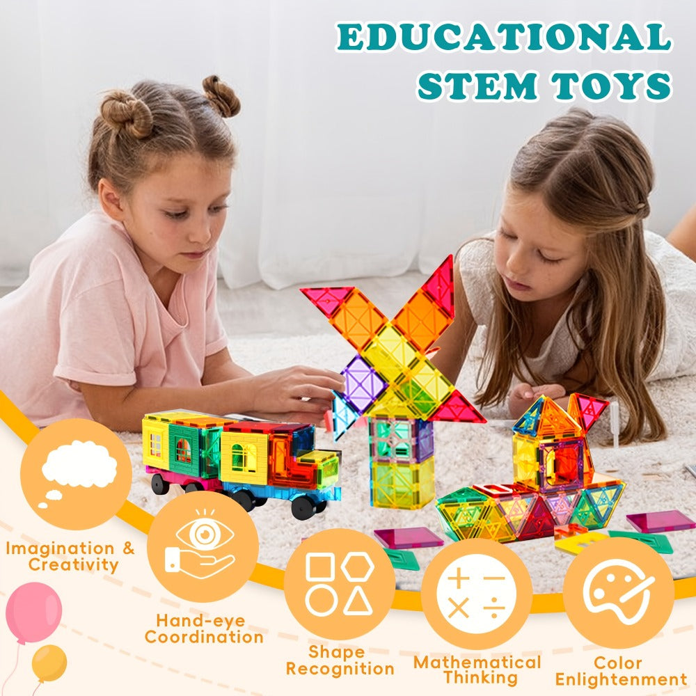 Magnetic Tiles Building Set for Kids 3 4 5 6 7 8 – 80 106 136 205pcs Clear 3D Magnet Building Blocks STEM Educational Toy Child-Safe ABS Creative Birthday Christmas Gift Boys Girls