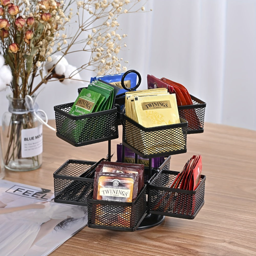 Eight-Basket Rotating Tea Bag Organizer with Black Mesh Carousel, 9.4-Inch Height and 4.5-Inch Base