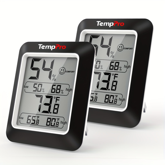 Indoor Hygrometer Thermometer 2-Pack - Room Temperature Humidity Meter with Air Comfort Indicator, Battery Powered for Home, Basement & Greenhouse, Black