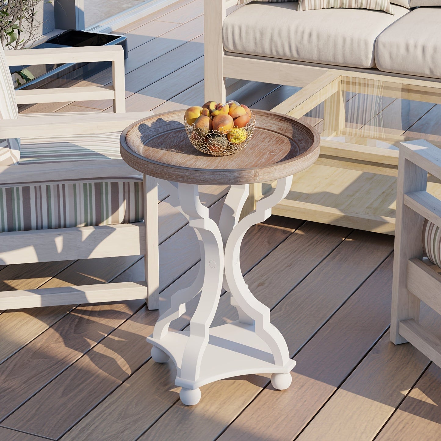 Side Table Rustic Raised-Tray Accent Design with Distressed Wood-Like Finish in Square or Round Shape