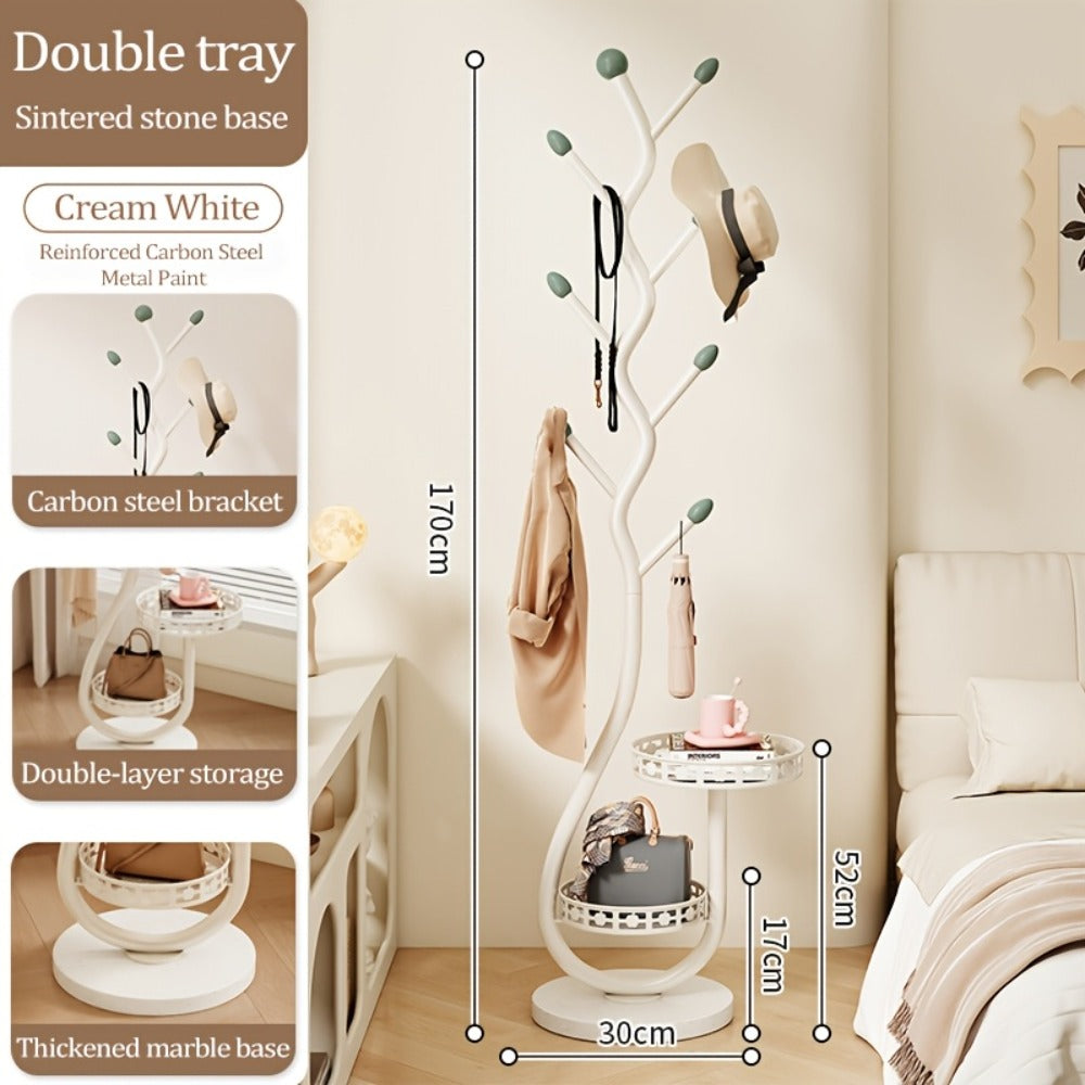 Freestanding Coat Tree with Branching Hooks, Circular Lower Shelf and White, Black or Golden Finish