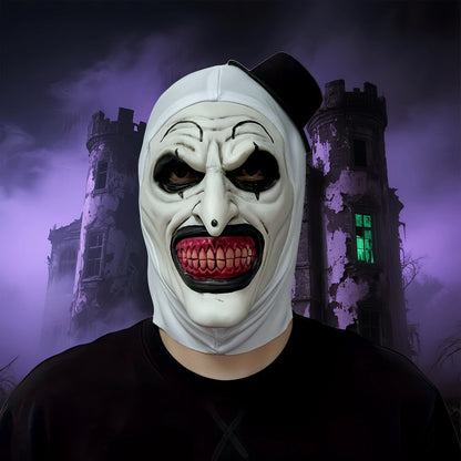 White Horror Clown Costume Mask with Full-Head Latex-Style Hood, Red Teeth and Attached Black Hat