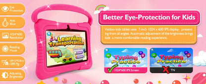 Veidoo 7 Inch Kids Tablet with Drop-Proof Silicone Cover – Eye Protection Screen, WiFi, 2GB RAM 16GB/32GB ROM, Dual Camera, Educational Games, Parental Control, Android Tablet Pink Blue Purple