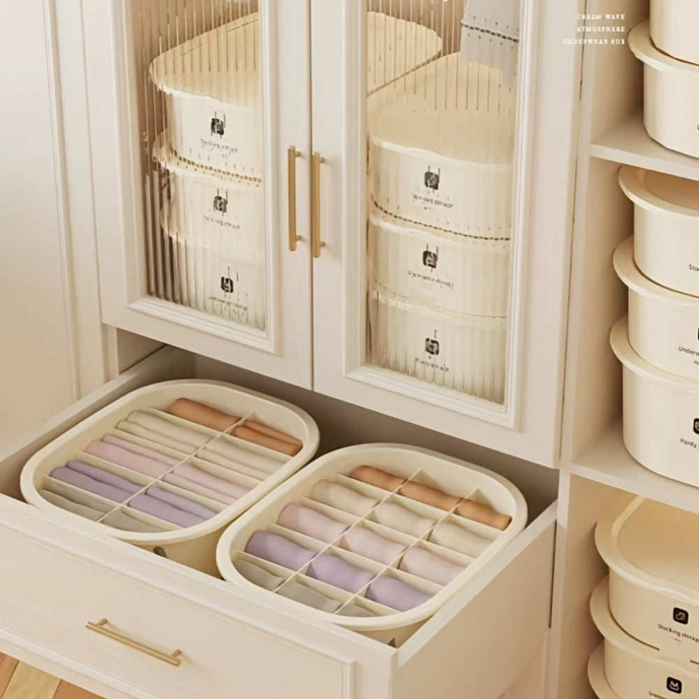 Three-Piece Beige Drawer Organizer Bin Set with Lidded Dividers for Underwear, Socks and Small Accessories