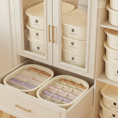 Three-Piece Beige Drawer Organizer Bin Set with Lidded Dividers for Underwear, Socks and Small Accessories