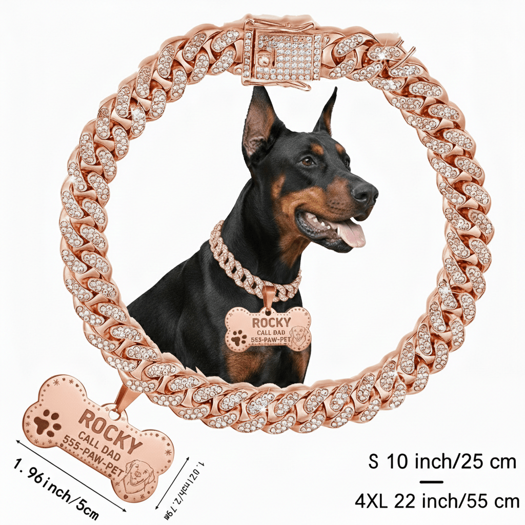 Personalized Cuban Chain Dog Collar with Engravable Bone ID Tag in Three Finishes and Sizes S to 4XL