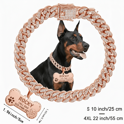 Personalized Cuban Chain Dog Collar with Engravable Bone ID Tag in Three Finishes and Sizes S to 4XL