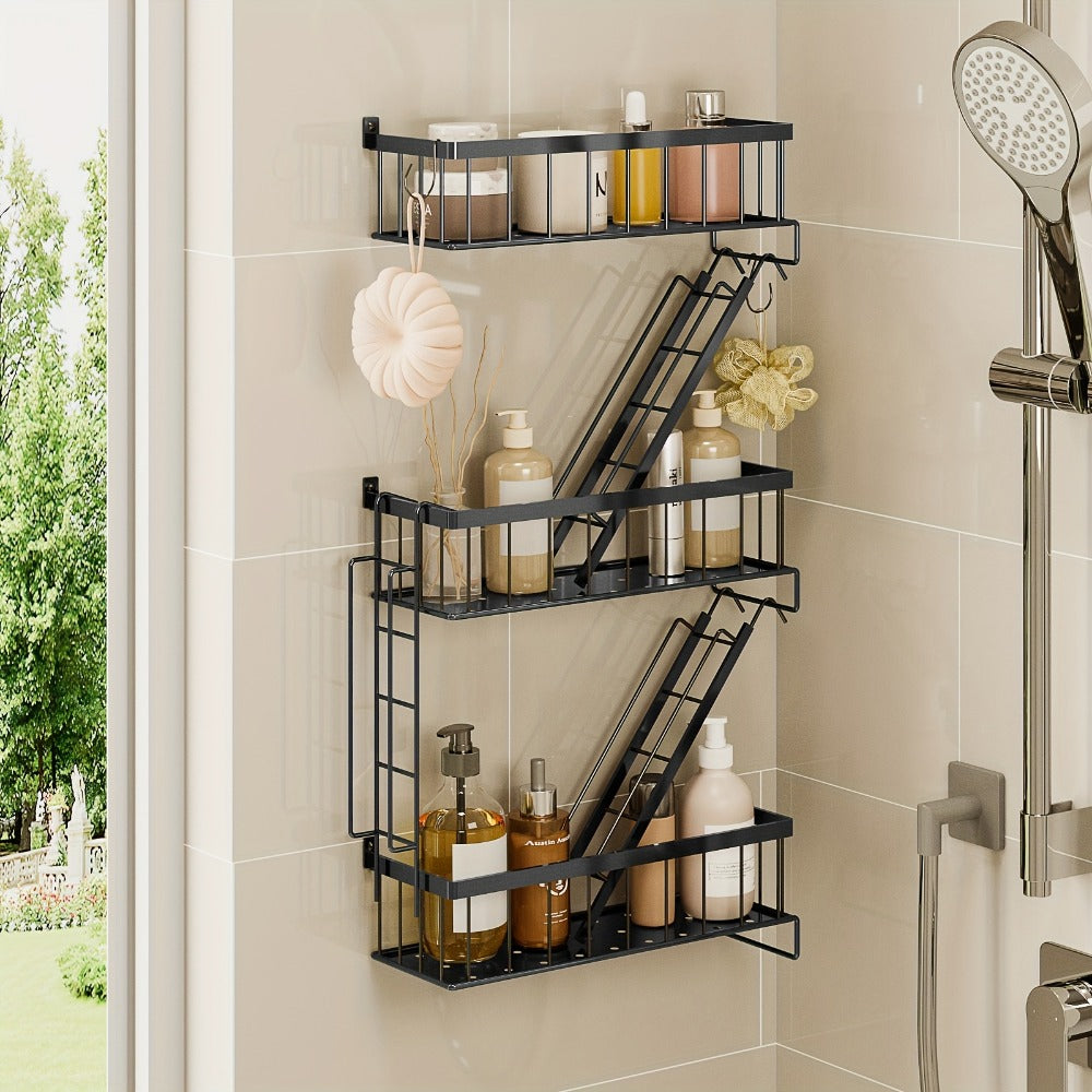 Three-Tier Black Ladder Wall Shelf with 27-Inch Height, Three Baskets and Side Hook Set for Storage