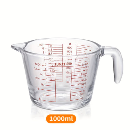 Clear Glass Measuring Cup Set with Pour Spouts, Handles, Red Graduations and One- or Three-Piece Options