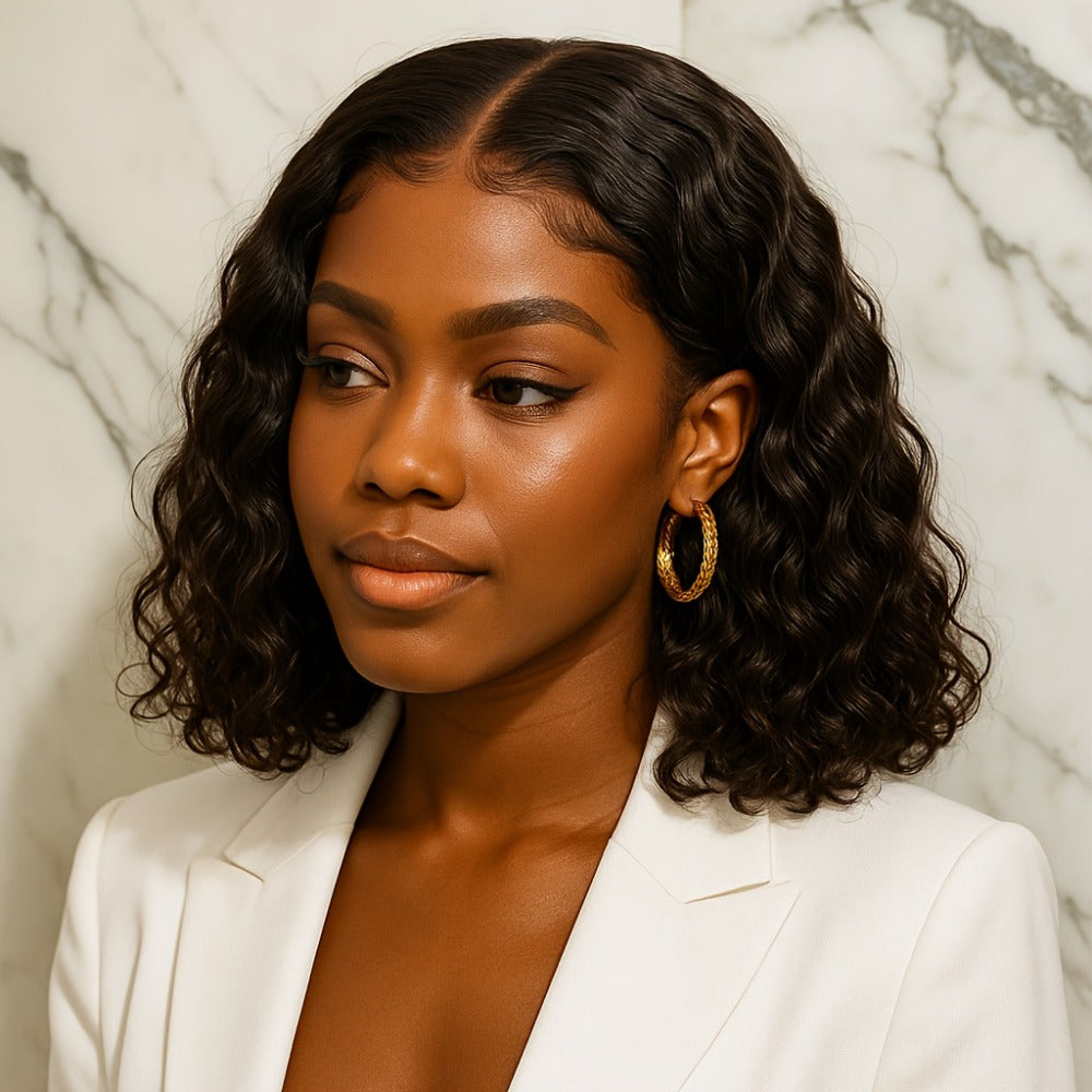 Lace Front Wig Deep-Wave Black 14-Inch Synthetic Style with Glueless Cap, Pre-Plucked Front and Baby Hair