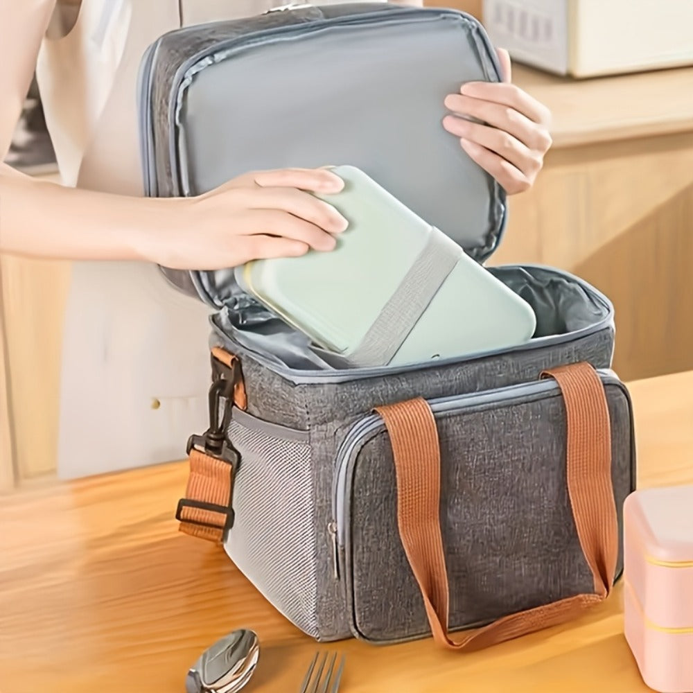 Double-Layer Lunch Carrier Bag with Shoulder Strap and One-Piece Checkout Options in Three Colors