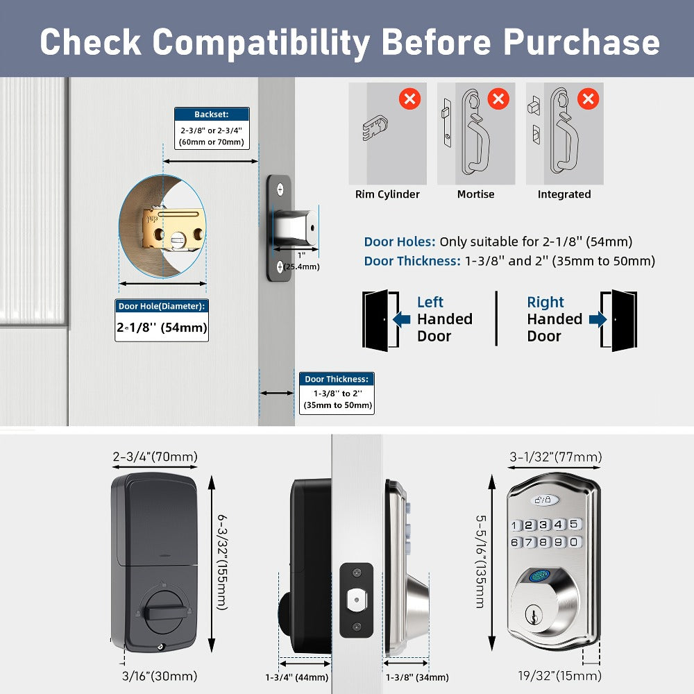 Heavy Duty Smart Deadbolt with Biometric Fingerprint & Keypad - App Control, Auto-Lock, Keyless Entry for Front Door, Office & Apartment, Zinc Alloy, Optional Handle Set Included