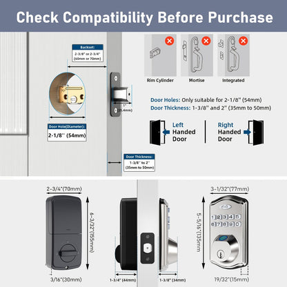 Heavy Duty Smart Deadbolt with Biometric Fingerprint & Keypad - App Control, Auto-Lock, Keyless Entry for Front Door, Office & Apartment, Zinc Alloy, Optional Handle Set Included