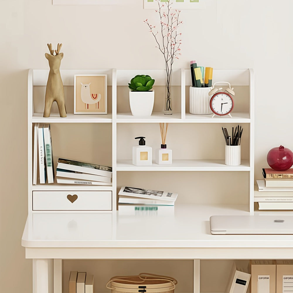 White Two-Tier Desktop Organizer Shelf with Multiple Compartments, Heart Drawer and 50 cm Wide Top