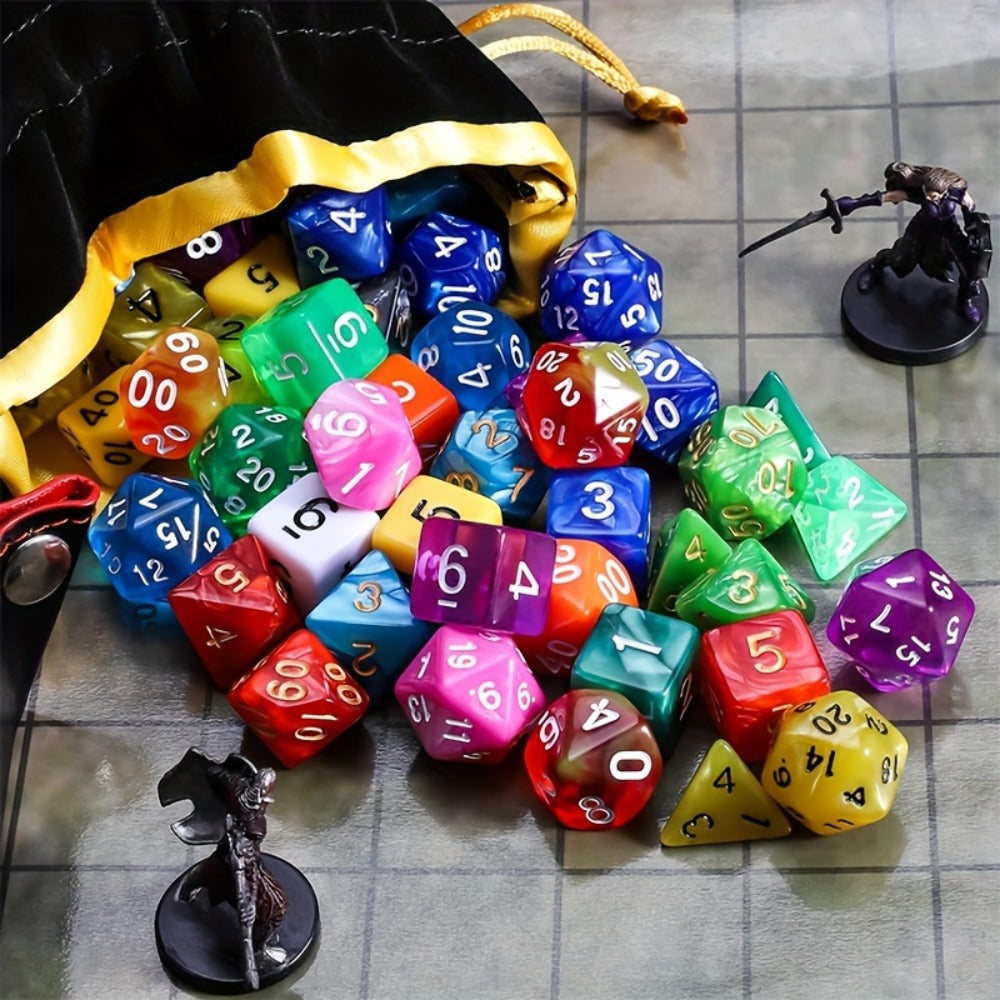 Fifteen-Set Polyhedral Dice Collection with 105 Pieces, Seven Die Shapes and Black Drawstring Storage Bag